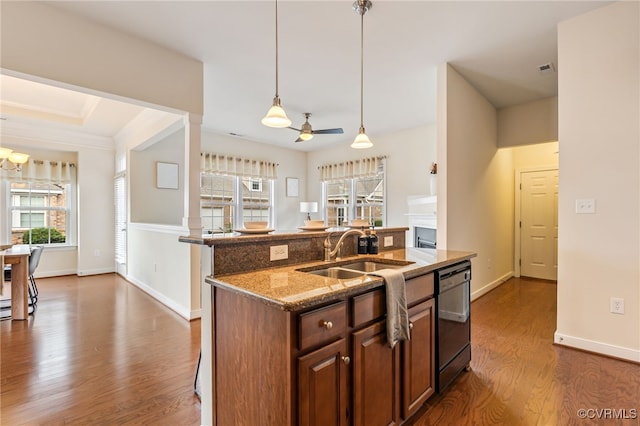 5915 E Stonepath Garden Dr, Chester, VA 23831 - kitchen with black dishwasher, dark wood-style floors, a ceiling fan, light stone countertops, and decorative light fixtures