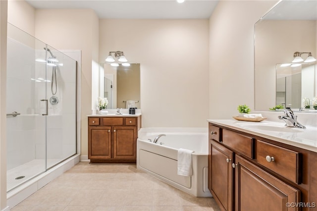 5915 E Stonepath Garden Dr, Chester, VA 23831 - bathroom with a shower stall, a garden tub, two vanities, and tile patterned flooring