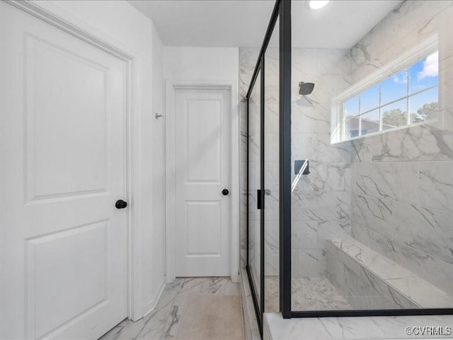 9913 Craftsbury Dr, Midlothian, VA 23112 - full bathroom with a marble finish shower and marble look tile flooring