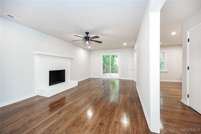 1436 Porters Mill Ter, Chesterfield, VA 23114 - unfurnished living room featuring a ceiling fan, wood finished floors, a fireplace, and recessed lighting