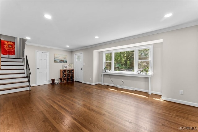 2419 Fon Du Lac Rd, Henrico, VA 23229 - unfurnished living room featuring stairs, ornamental molding, wood finished floors, and recessed lighting