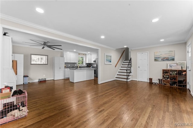 2419 Fon Du Lac Rd, Henrico, VA 23229 - living area with stairway, recessed lighting, dark wood-style floors, ceiling fan, and crown molding