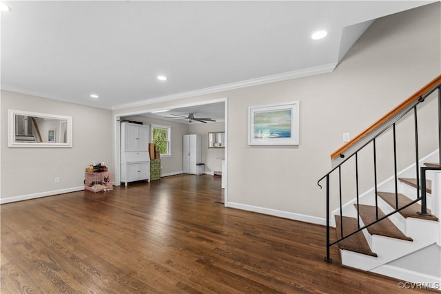 2419 Fon Du Lac Rd, Henrico, VA 23229 - unfurnished living room featuring ornamental molding, a ceiling fan, recessed lighting, wood finished floors, and stairs