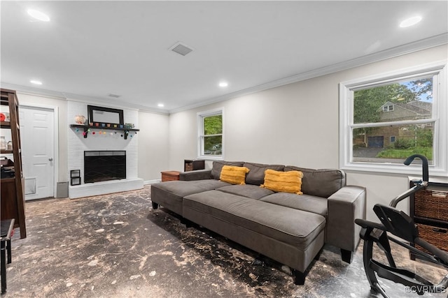 2419 Fon Du Lac Rd, Henrico, VA 23229 - living room featuring ornamental molding, a brick fireplace, and recessed lighting