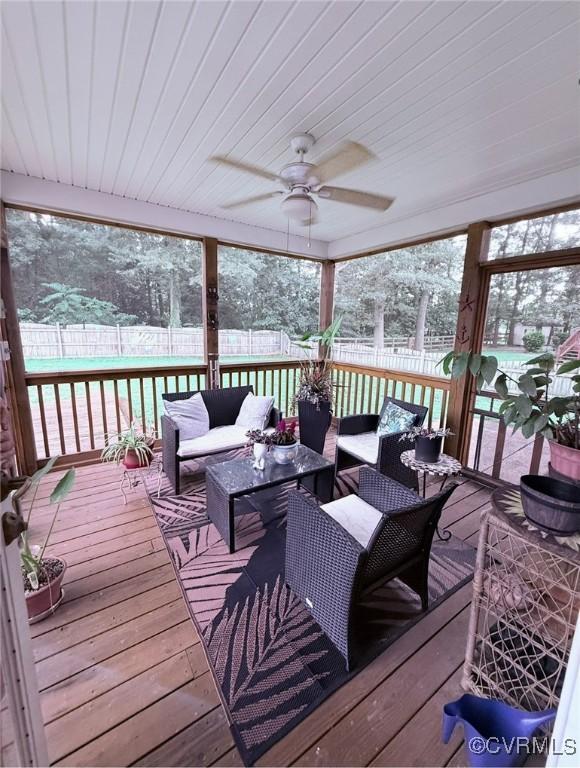 7016 Narragansett Ct, Hanover, VA 23111 - sunroom / solarium with an outdoor living space, a ceiling fan, and healthy amount of natural light
