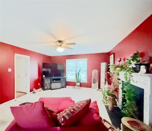 7016 Narragansett Ct, Hanover, VA 23111 - living room with a fireplace, ceiling fan, and carpet