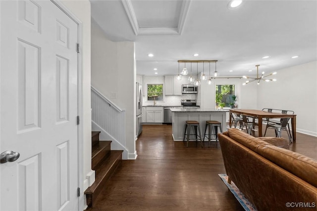 1101 Clearlake Rd, Chesterfield, VA 23236 - living room with dark wood-type flooring, recessed lighting, and stairway