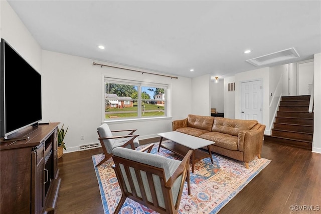 1101 Clearlake Rd, Chesterfield, VA 23236 - living area featuring dark wood-style flooring, recessed lighting, attic access, and stairs