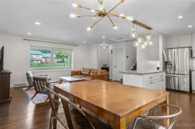 1101 Clearlake Rd, Chesterfield, VA 23236 - dining space featuring dark wood-style flooring, a chandelier, recessed lighting, and stairway