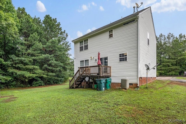 225 Scotch Pine Dr, Sandston, VA 23150 - back of house featuring stairs, a deck, a lawn, and crawl space