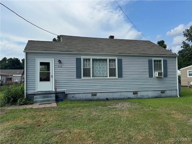2528 Aldridge Ave, South Chesterfield, VA 23834 - rear view of property featuring entry steps, crawl space, a lawn, a shingled roof, and cooling unit
