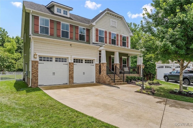 3057 Hunton Cottage Ln, Glen Allen, VA 23059 - craftsman-style house with a garage, concrete driveway, a porch, brick siding, and a shingled roof