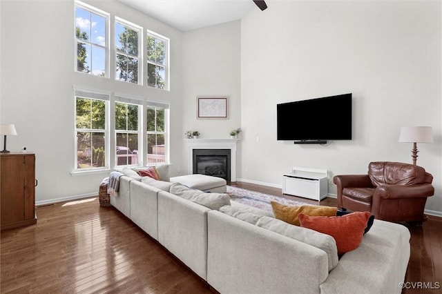 3057 Hunton Cottage Ln, Glen Allen, VA 23059 - living area featuring a towering ceiling, a glass covered fireplace, and wood finished floors