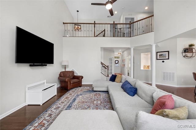 3057 Hunton Cottage Ln, Glen Allen, VA 23059 - living area with wood finished floors, ceiling fan, stairs, a high ceiling, and recessed lighting