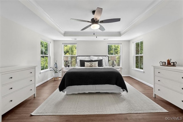 3057 Hunton Cottage Ln, Glen Allen, VA 23059 - bedroom with a tray ceiling, crown molding, dark wood-style flooring, and ceiling fan
