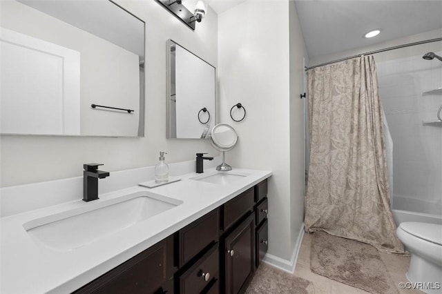 3057 Hunton Cottage Ln, Glen Allen, VA 23059 - full bathroom with double vanity, shower / bathtub combination with curtain, and tile patterned flooring