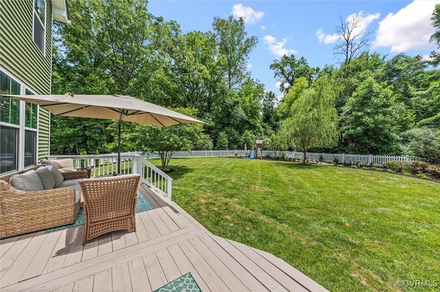 3057 Hunton Cottage Ln, Glen Allen, VA 23059 - wooden deck with a playground, a fenced backyard, and view of scattered trees