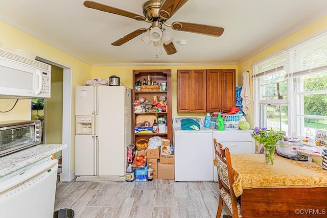 2165 Windmill Point Rd, White Stone, VA 22578 - kitchen featuring white appliances, ornamental molding, ceiling fan, light wood finished floors, and light countertops