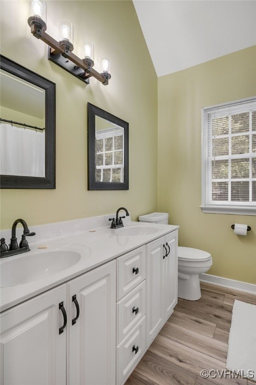 1406 Walton Bluff Ter, Midlothian, VA 23114 - bathroom featuring double vanity, lofted ceiling, and wood finished floors