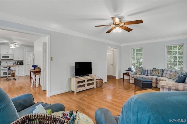1406 Walton Bluff Ter, Midlothian, VA 23114 - living area with a ceiling fan, crown molding, and light wood-style floors