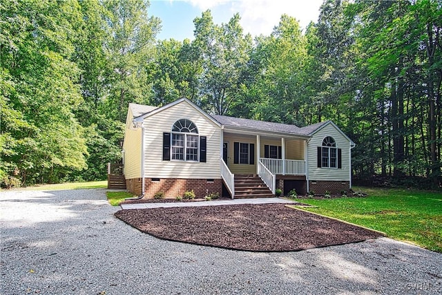 6434 Anderson Hwy, Powhatan, VA 23139 - view of front of home with crawl space, covered porch, stairs, driveway, and a front lawn