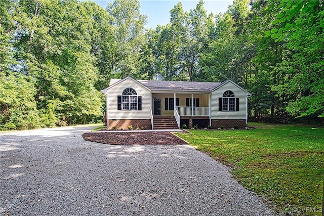 6434 Anderson Hwy, Powhatan, VA 23139 - ranch-style house featuring crawl space, a porch, a front lawn, and gravel driveway