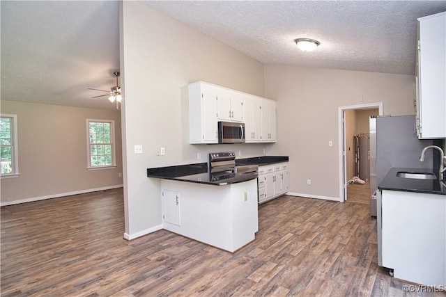 6434 Anderson Hwy, Powhatan, VA 23139 - kitchen with stainless steel appliances, vaulted ceiling, a ceiling fan, dark wood-type flooring, and white cabinets