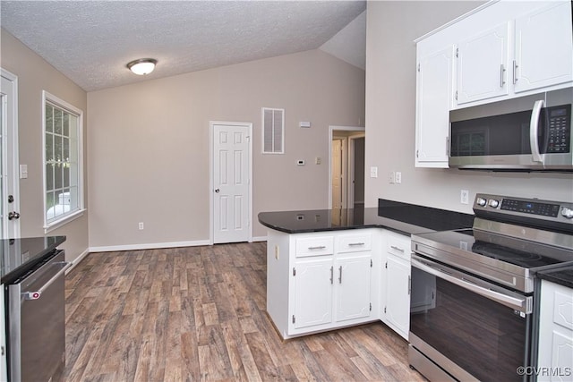 6434 Anderson Hwy, Powhatan, VA 23139 - kitchen featuring appliances with stainless steel finishes, a peninsula, dark countertops, white cabinets, and lofted ceiling