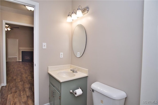 6434 Anderson Hwy, Powhatan, VA 23139 - bathroom with vanity, ceiling fan, a fireplace, and wood finished floors