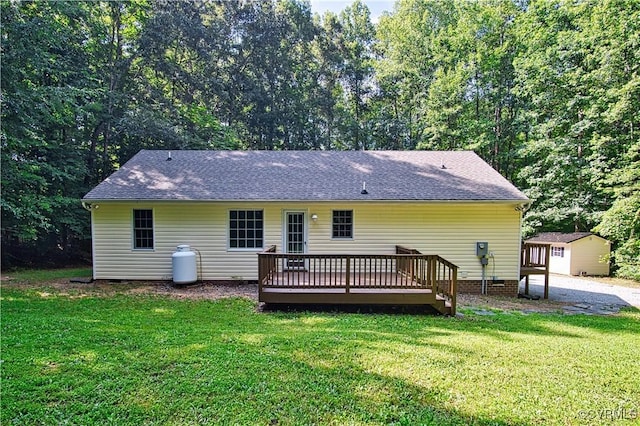 6434 Anderson Hwy, Powhatan, VA 23139 - back of property with a wooden deck, a yard, roof with shingles, a shed, and crawl space