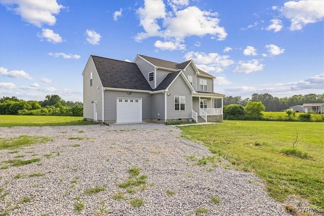 11325 Webb Rd, Disputanta, VA 23842 - view of front of home with covered porch, gravel driveway, a garage, a front yard, and crawl space