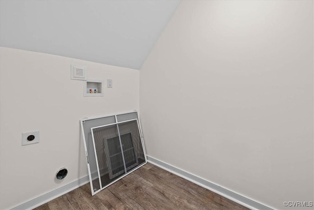 11325 Webb Rd, Disputanta, VA 23842 - laundry area featuring a fireplace, washer hookup, dark wood-type flooring, and hookup for an electric dryer