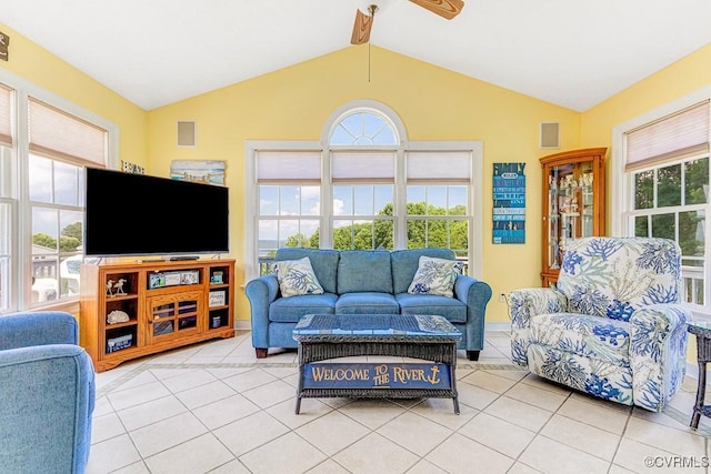 1382 Glebe Landing Rd, Center Cross, VA 22437 - tiled living area featuring a ceiling fan and lofted ceiling