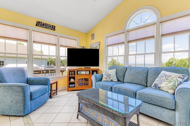 1382 Glebe Landing Rd, Center Cross, VA 22437 - living room with light tile patterned flooring and lofted ceiling
