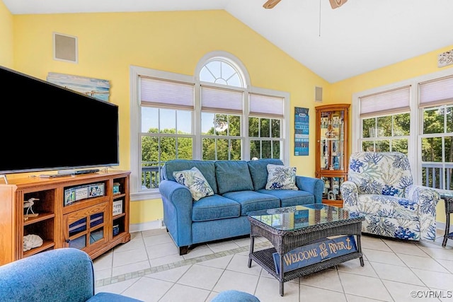 1382 Glebe Landing Rd, Center Cross, VA 22437 - tiled living room with lofted ceiling and a ceiling fan