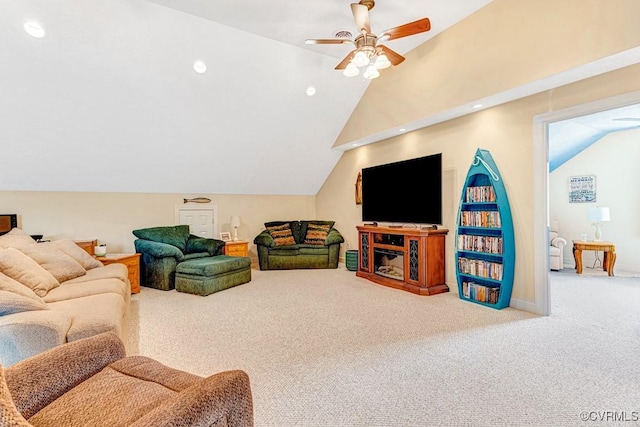 1382 Glebe Landing Rd, Center Cross, VA 22437 - living area with carpet, lofted ceiling, a ceiling fan, and recessed lighting