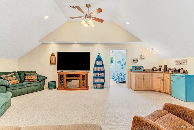 1382 Glebe Landing Rd, Center Cross, VA 22437 - living room with vaulted ceiling, ceiling fan, light carpet, recessed lighting, and a textured ceiling
