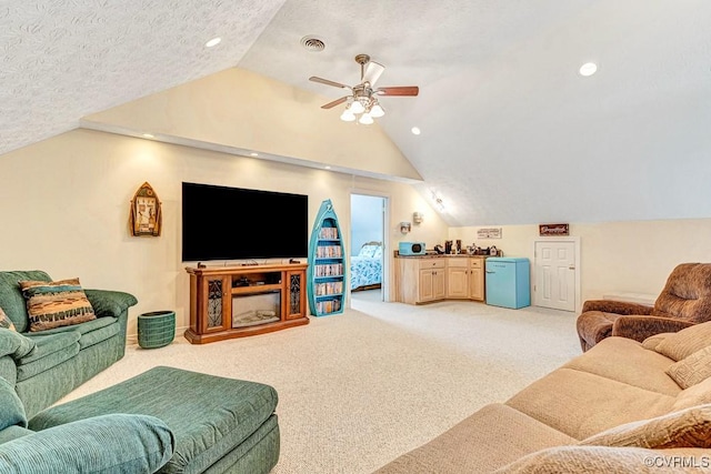 1382 Glebe Landing Rd, Center Cross, VA 22437 - living area with lofted ceiling, a ceiling fan, light colored carpet, and recessed lighting