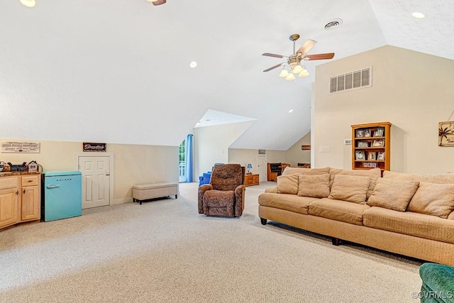 1382 Glebe Landing Rd, Center Cross, VA 22437 - living area featuring lofted ceiling, a ceiling fan, light carpet, and recessed lighting