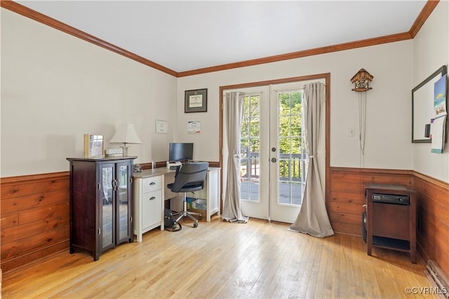 11906 Exbury Ter, Midlothian, VA 23114 - office space featuring french doors, light wood-type flooring, ornamental molding, a wainscoted wall, and wood walls