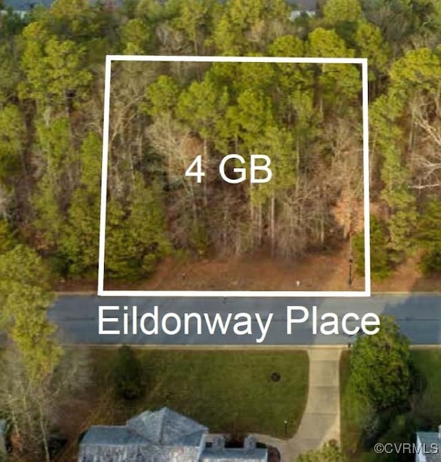 9918 Eildonway Pl, Henrico, VA 23238 - aerial overview of property's location featuring property parcel outlined and a heavily wooded area