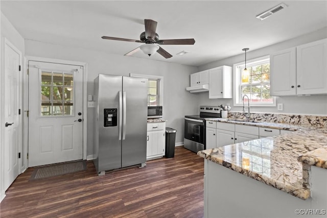 2210 W City Point Rd, Hopewell, VA 23860 - kitchen featuring appliances with stainless steel finishes, under cabinet range hood, light stone countertops, dark wood finished floors, and white cabinetry