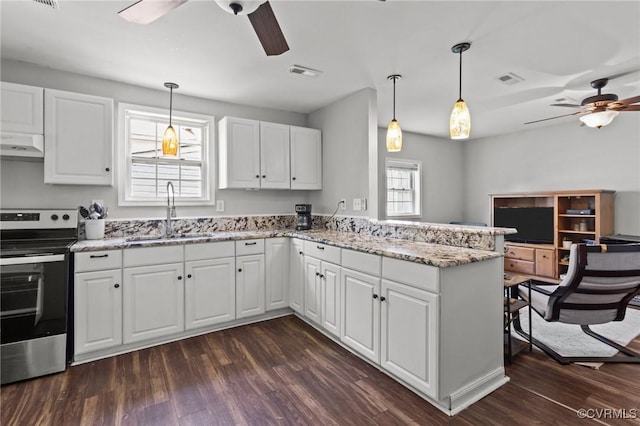 2210 W City Point Rd, Hopewell, VA 23860 - kitchen with electric stove, a ceiling fan, extractor fan, and a peninsula