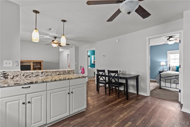 2210 W City Point Rd, Hopewell, VA 23860 - kitchen with a ceiling fan, dark wood finished floors, white cabinets, pendant lighting, and light stone counters