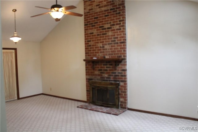 7401 Velvet Antler Dr, Midlothian, VA 23112 - unfurnished living room featuring carpet, ceiling fan, lofted ceiling, and a fireplace