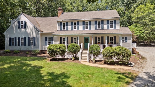 18030 W County Line Rd, Midlothian, VA 23112 - colonial inspired home with a front yard, a porch, a chimney, and stairway