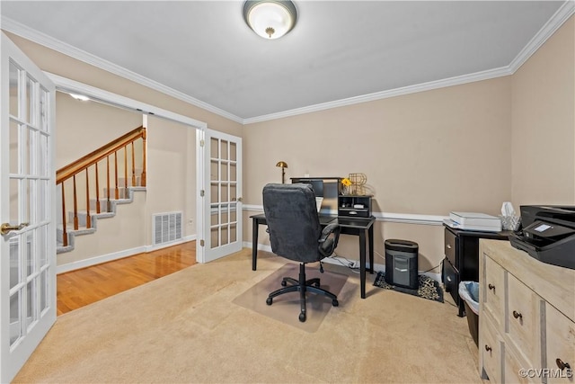 18030 W County Line Rd, Midlothian, VA 23112 - office featuring french doors, ornamental molding, carpet, and wood finished floors