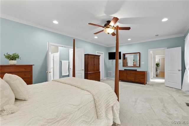 18030 W County Line Rd, Midlothian, VA 23112 - bedroom with crown molding, recessed lighting, light colored carpet, and a ceiling fan