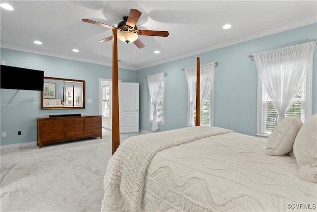18030 W County Line Rd, Midlothian, VA 23112 - bedroom featuring light colored carpet, ornamental molding, recessed lighting, and a ceiling fan