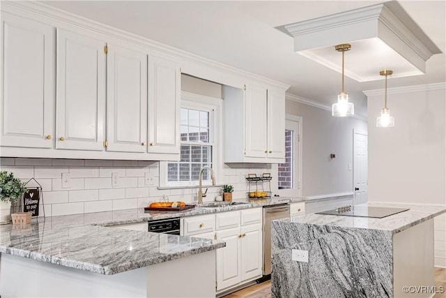 2613 Teaberry Dr, North Chesterfield, VA 23236 - kitchen featuring white cabinetry, decorative light fixtures, light stone countertops, a peninsula, and backsplash